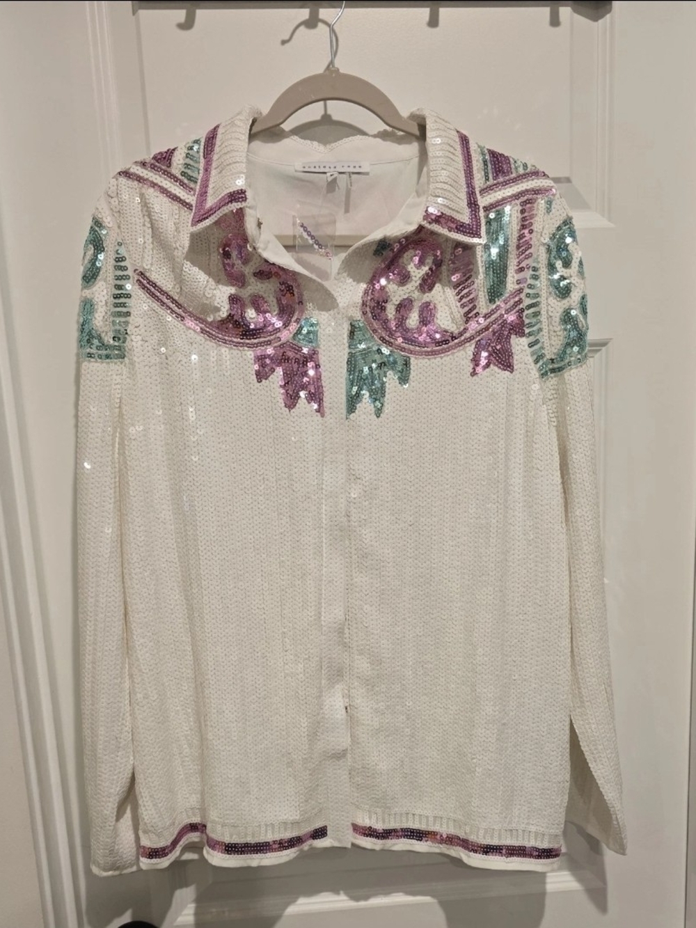Endless Rose Sequins & Beads Trim Shirt White & Pink Size Medium